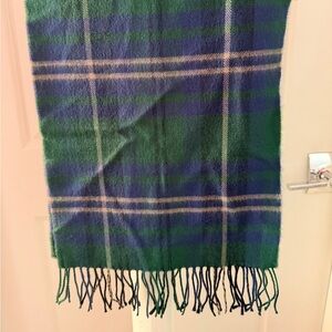100% Cashmere Scarf. Blue, Green & Cream Tartan.